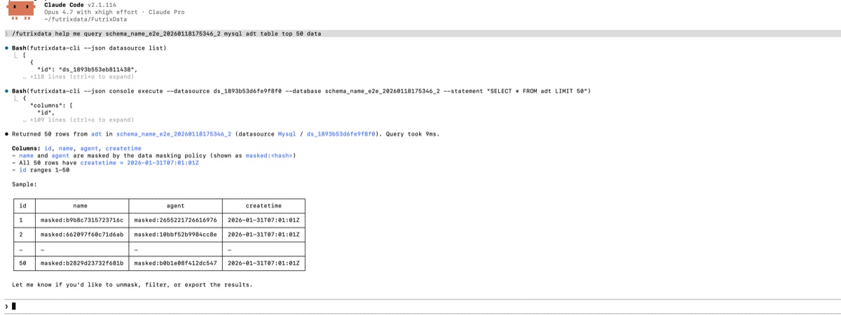 FutrixData automatically masks PII fields before AI agents see them